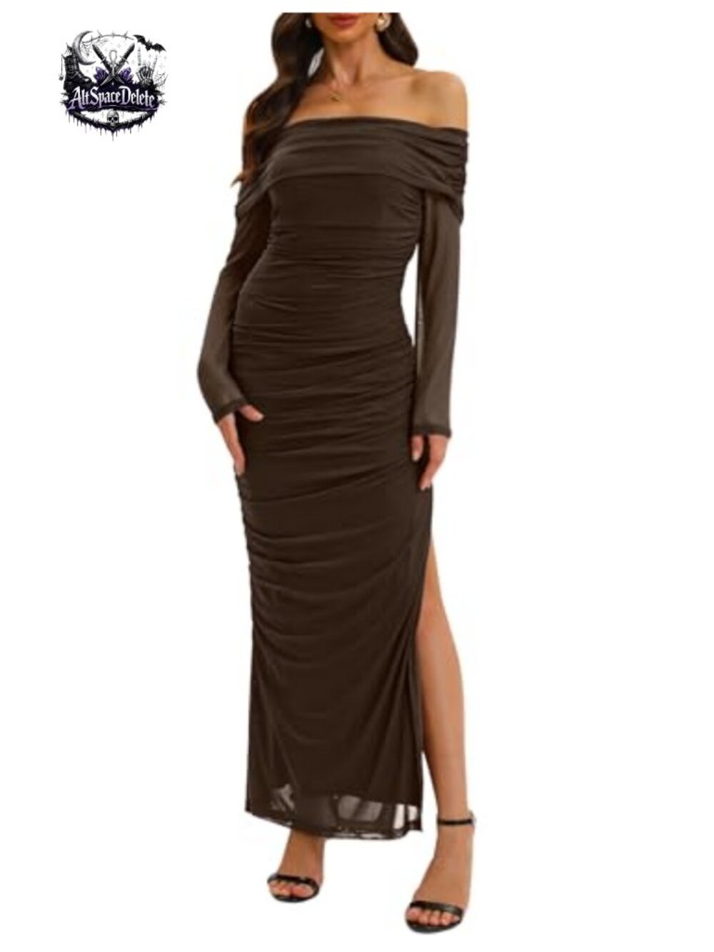 Off Shoulder Mesh Long Sleeve Bodycon Maxi Dress High Slit Formal